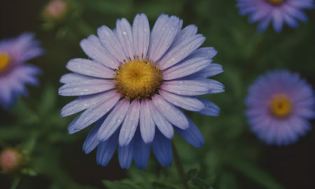 Purple daisy flower with water drops on the petals.の写真素材