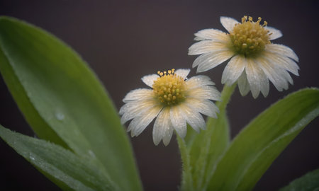 Close up of two white daisies with water droplets.の写真素材