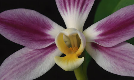 Purple and white orchid on black background. Close up.の写真素材
