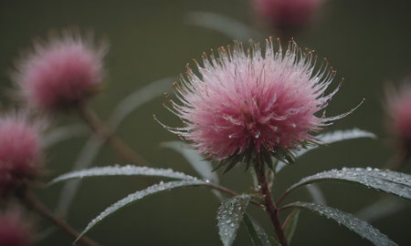 Flowering pink mimosa with dew drops on it.の写真素材