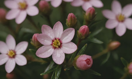 pink flowers with water drops on a green background, close-upの写真素材