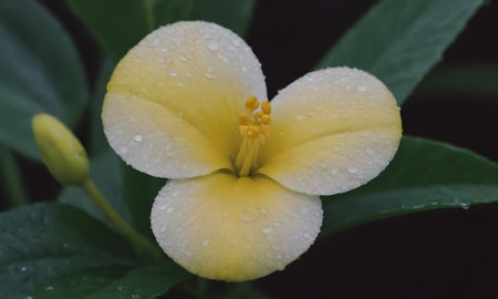 Yellow flower with water droplets on petals in the morning.の写真素材
