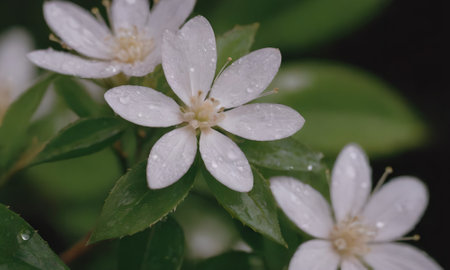 White flowers with water droplets on the petals and green leavesの写真素材
