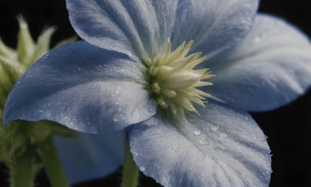 Closeup of a blue flower with water drops on the petalsの写真素材