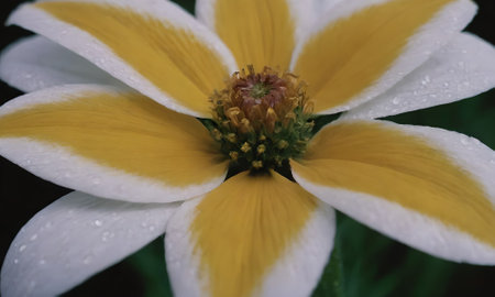 Close up of a yellow and white flower with water droplets.の写真素材
