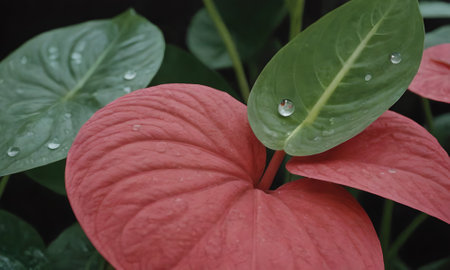 Red anthurium with water droplets on the leaves close upの写真素材