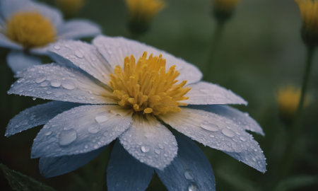 Beautiful spring flowers in the garden with raindrops on the petalsの写真素材