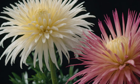 white and pink chrysanthemums on a black background.の写真素材