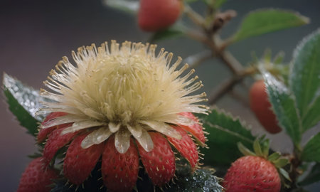 Strawberry fruit with water droplets on the leaves and flowersの写真素材