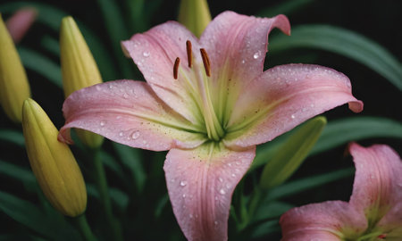 Pink lily with water droplets on the petals close upの写真素材