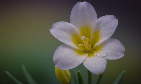 Close up of white and yellow freesia flower with water dropsの写真素材
