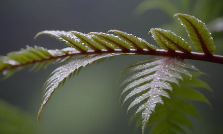 Fern leaves with dew drops after the rain in the forest.の写真素材