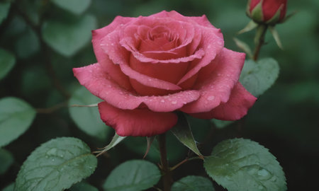 Beautiful pink rose with drops of dew on the petalsの写真素材