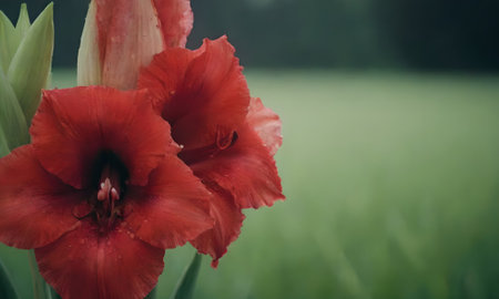 Beautiful red gladiolus flowers on a background of green grassの写真素材
