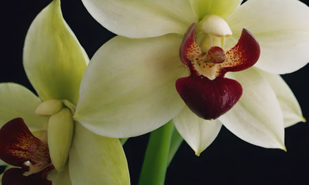 White orchid on a black background, close-up, macroの写真素材