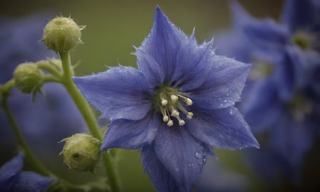 Close up of blue flower with water droplets on the petalsの写真素材