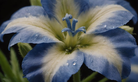 Close up of blue iris with water drops on petals.の写真素材