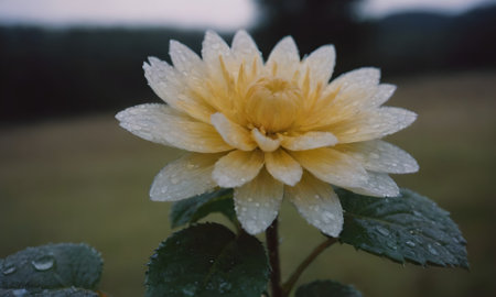 Beautiful yellow dahlia flower with rain drops on petals.の写真素材