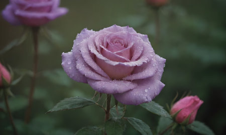 Beautiful pink rose in the garden with dew drops on petalsの写真素材