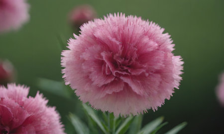 Pink carnation flowers on a green background, close-up.の写真素材