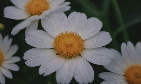 Close up of white daisies with raindrops on petalsの写真素材