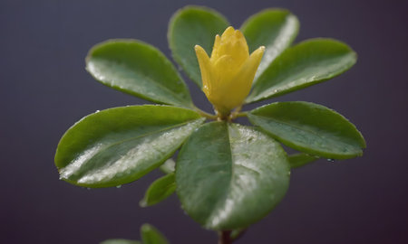 Small yellow flower on a dark background. Macro. Selective focus.の写真素材
