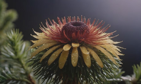 A closeup shot of a red and yellow flower with water dropsの写真素材