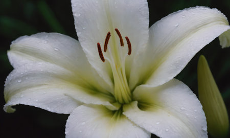 White lily with raindrops on the petals, close-upの写真素材