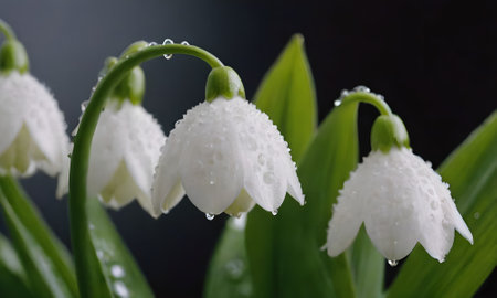 Snowdrop flowers with water drops on petals. Close up.の写真素材