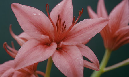 Beautiful pink lily flowers with raindrops on petals.の写真素材
