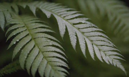 Green leaves of fern with water drops close-up macro photographyの写真素材