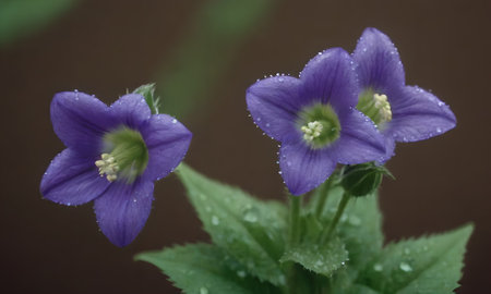 Flowers of Campanula grandiflora with water dropsの写真素材