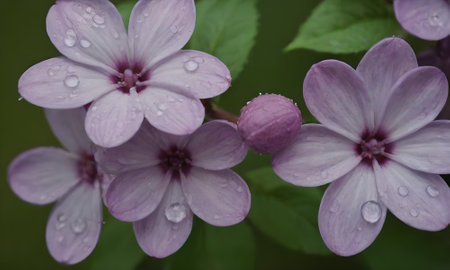 Purple flowers with raindrops on a green background. Selective focus.の写真素材