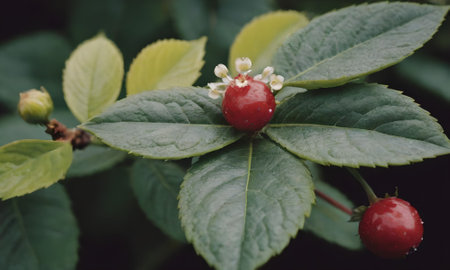 Ripe red berry on a green bush in the garden.の写真素材