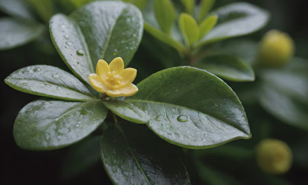 Close up of yellow flower on green leaves with water drops in the morningの写真素材