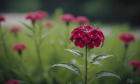 Red flower in the garden with blur background, soft focus and vintage toneの写真素材
