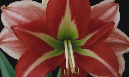 Close up of a red and white lily on black background.の写真素材