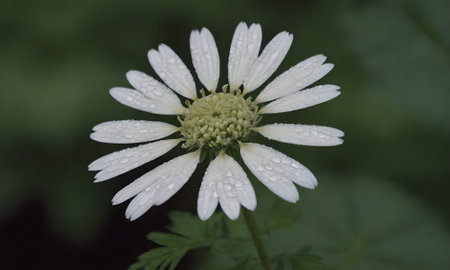 White daisy flower with water drops on petals and green leavesの写真素材