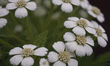 Small white flowers with water droplets on petals and green leavesの写真素材