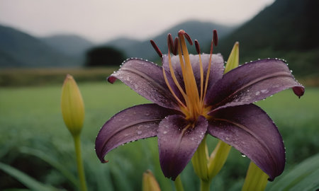 Beautiful purple lily flower on the background of the mountains.の写真素材