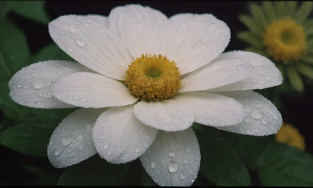 White flower with water droplets on the petals, black backgroundの写真素材