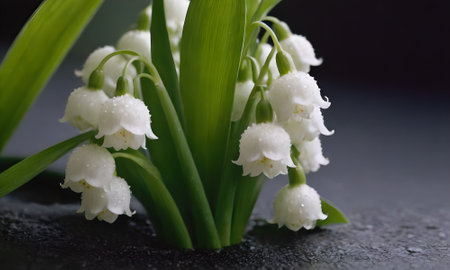Beautiful lily of the valley flowers on black background, closeupの写真素材
