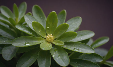 Close-up of a small green plant with water droplets.の写真素材
