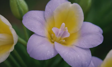 Flax flower with water drops on petals, close-upの写真素材