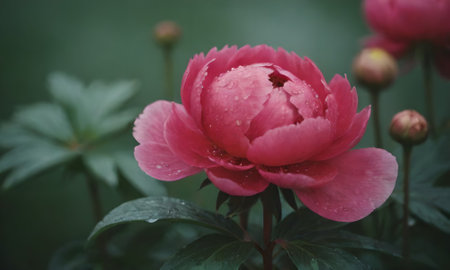Beautiful peony flower with raindrops on the petals.の写真素材