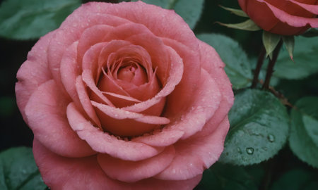 Beautiful pink rose with water droplets on petals close upの写真素材