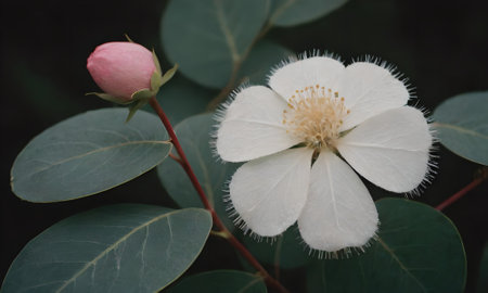 White flower with green leaves in the garden. Close up view.の写真素材