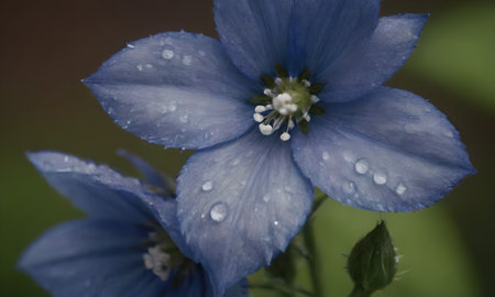 Blue flower with raindrops on the petals, close-upの写真素材