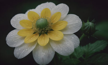 Close-up of a yellow dahlia flower with raindropsの写真素材