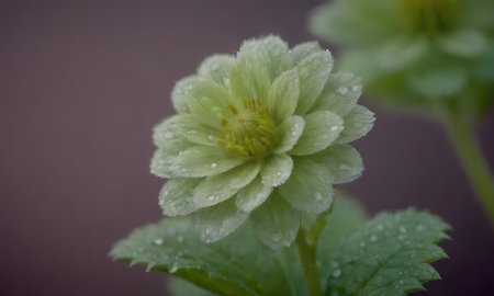 Green dahlia flower with dew drops on petals.の写真素材